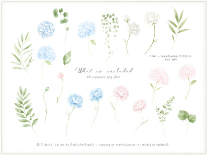 Grand Atelier - Floral Arrangements Clipart, Blue Hydrangea, Pink Peony Flowers, Baby Shower | 46 PNG