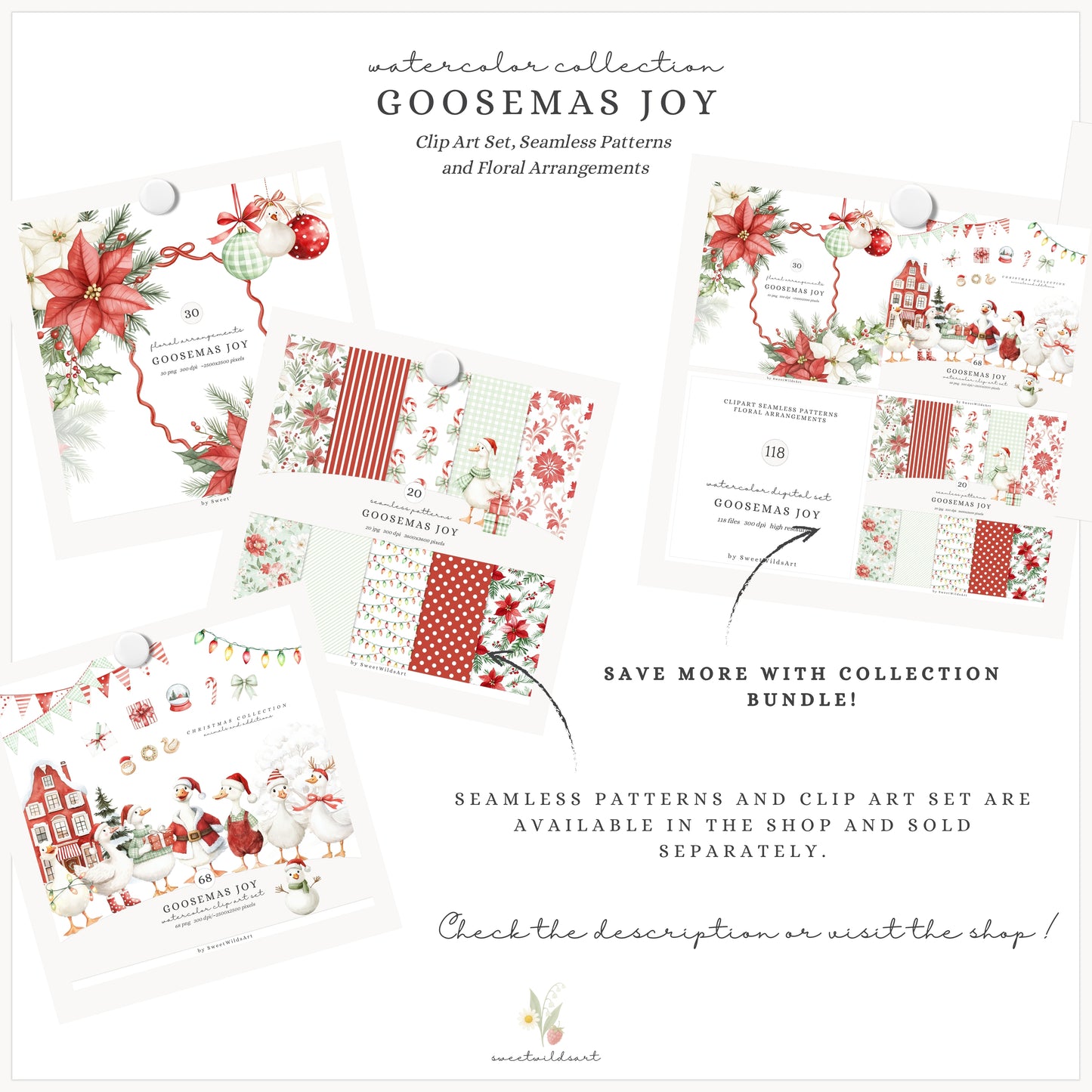 Goosemas Joy - Floral Arrangements, Christmas Ornaments, Holiday Poinsettia | 30 PNG