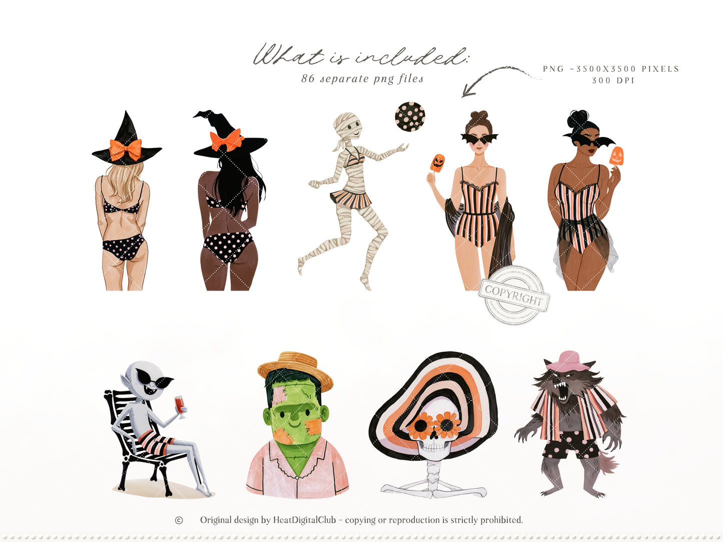 Summerween - Clipart Bundle, Halloween Summer, Spooky Beach Party, Pink Orange Black, Seamless Patterns | 96 PNG/JPEG
