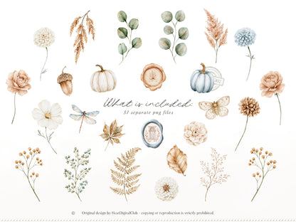 Gentle Fall - Floral Arrangements Clipart, Neutral Floral Autumn, Beige Flowers, Fall Botanical Elements, Pumpkins | 37 PNG