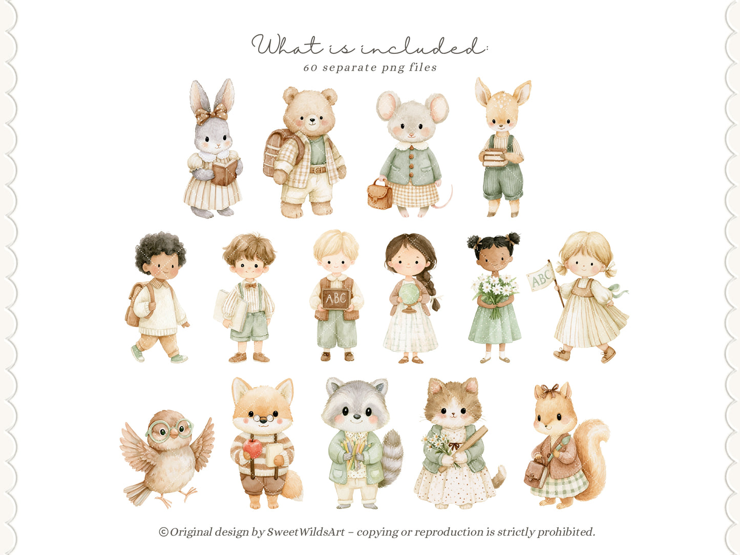 Back To School - Watercolor Clipart Bundle, School Animals, Preschool Toddlers Learning | 60 PNG
