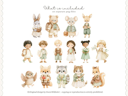 Back To School - Watercolor Clipart Bundle, School Animals, Preschool Toddlers Learning | 60 PNG