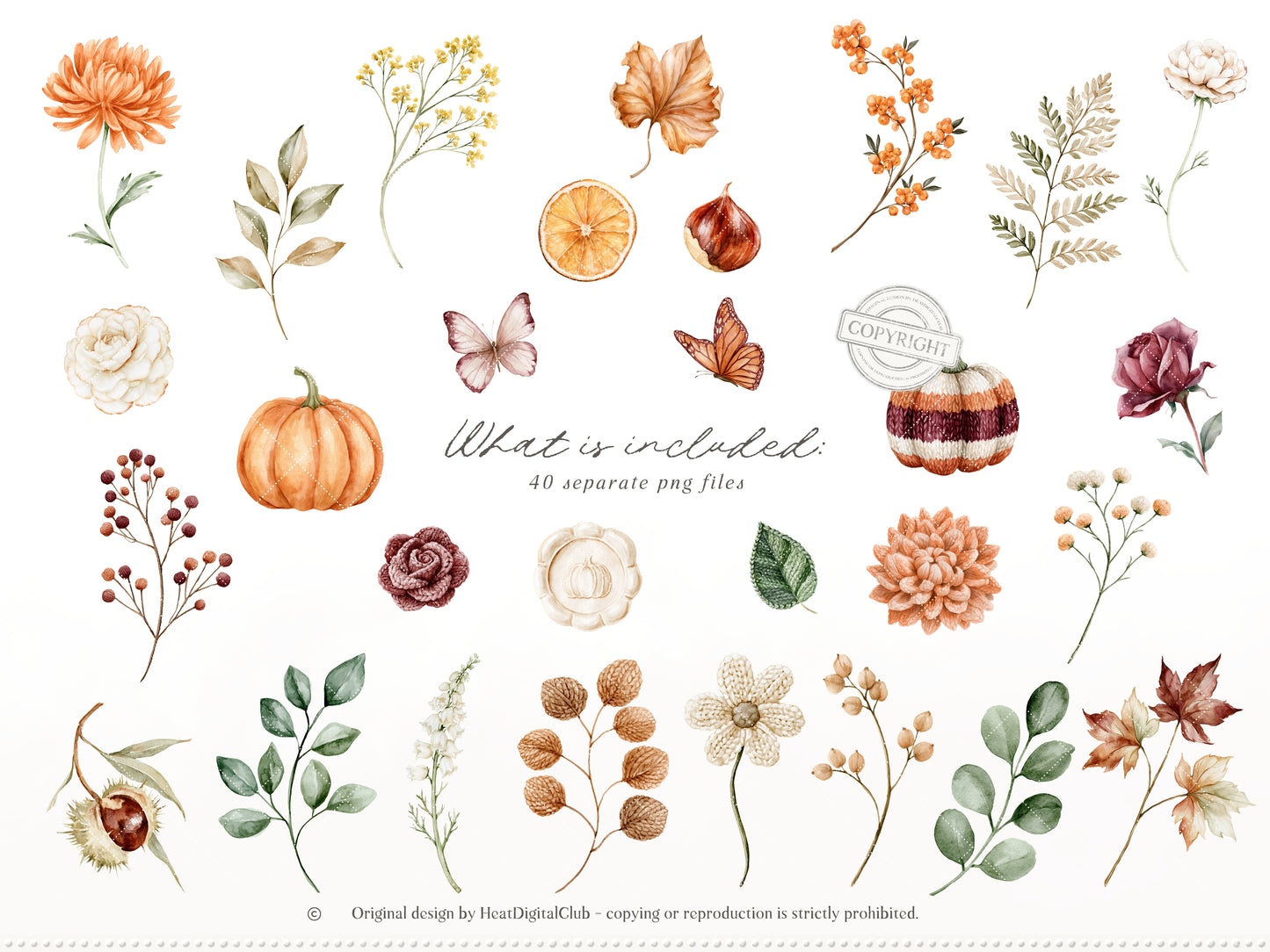 Knitted Fall - Floral Arrangements Clipart, Autumn Flowers, Burgundy Rose, Autumn Botanicals | 40 PNG