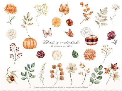 Knitted Fall - Floral Arrangements Clipart, Autumn Flowers, Burgundy Rose, Autumn Botanicals | 40 PNG