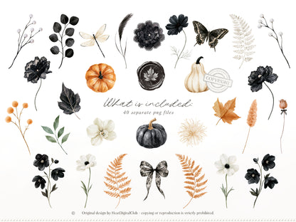 Fall After Dark - Floral Arrangements Clipart, Dark Coquette Floral, Moody Autumn Florals | 40 PNG