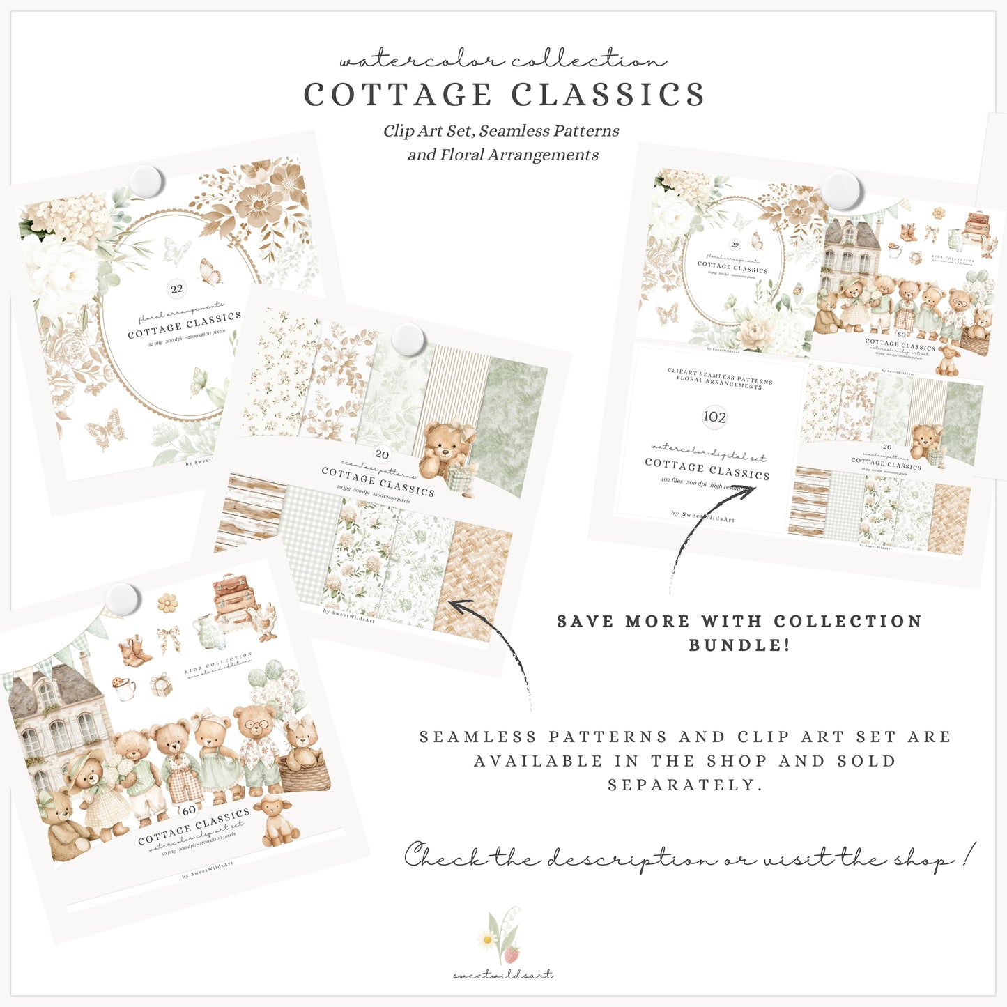 Cottage Classics - Floral Arrangements Clipart, Hydrangea Floral, Toile, Rustic Countryside | 22 PNG