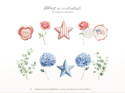 Quiet Americana - Floral Arrangements Clipart, Hydrangea Roses, Patriotic Flowers, Bouquets, 4th of July | 20 PNG