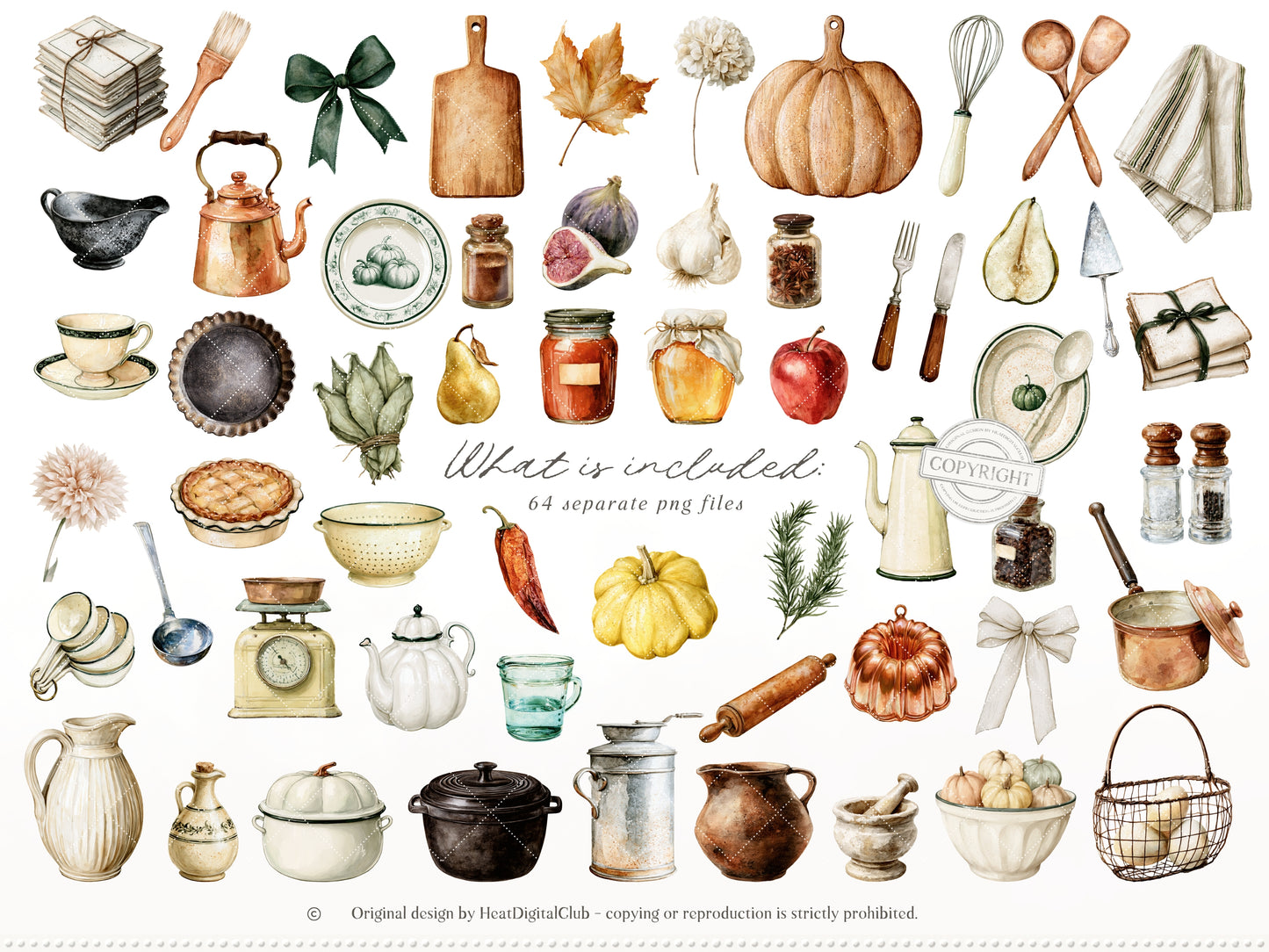 Vintage Kitchen - Clipart, Autumn Kitchen, Heirloom Fall, Cooking, Pear Pumpkin Garlic Herbs | 74 PNG/JPEG