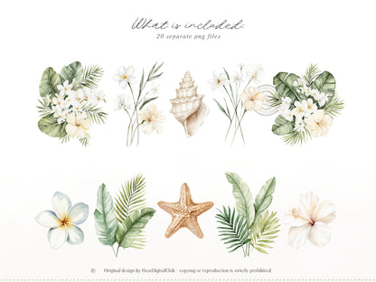 Coconut Dune - Tropical Floral Arrangements Clipart, Palm Leaves , White Beach Flowers | 20 PNG