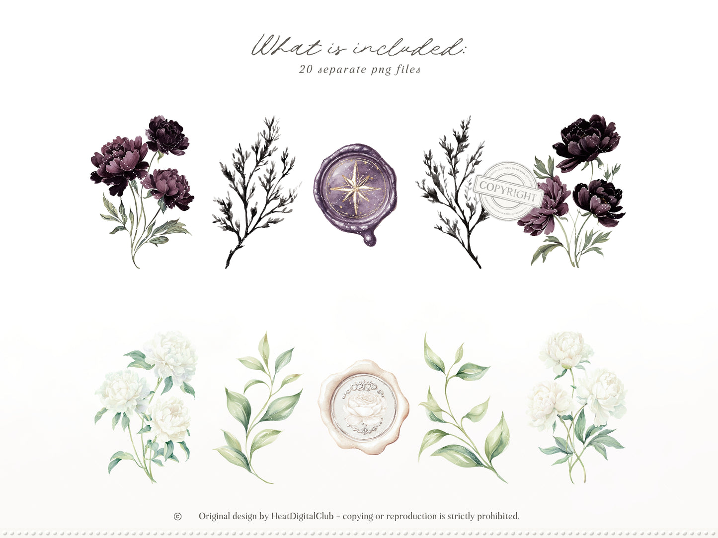 Day & Midnight -Floral Arrangements Clipart, Ivory & Dark Peony Watercolor Flowers, Gothic Romantic | 20 PNG