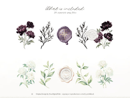 Day & Midnight -Floral Arrangements Clipart, Ivory & Dark Peony Watercolor Flowers, Gothic Romantic | 20 PNG