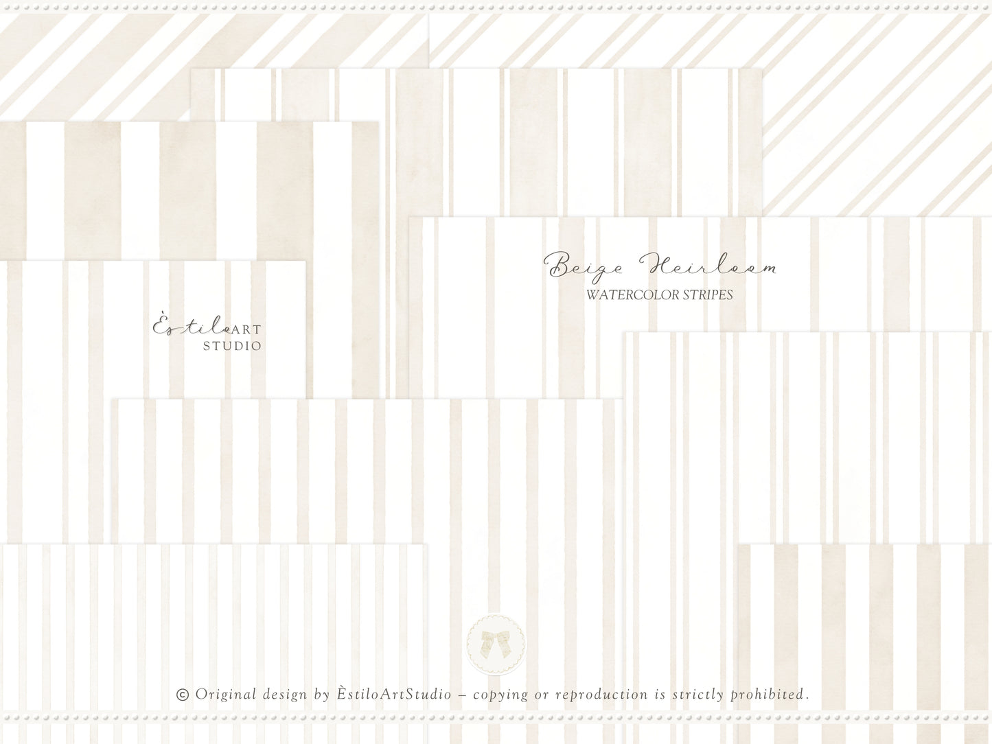 Beige Heirloom - Seamless Patterns, Classic Stripe Gingham Damask Bows, Elegant Neutral Digital Paper | 20 JPEG