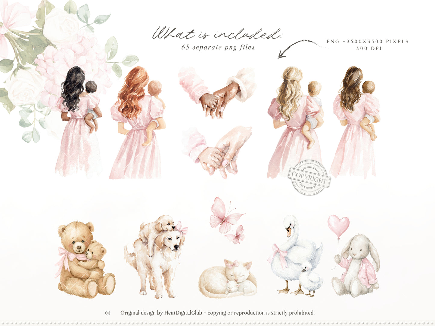 Mother's Day - Clipart, Mom & Baby, Animals, Soft Pink, Love you Mom, Feminine | 75 PNG/JPEG