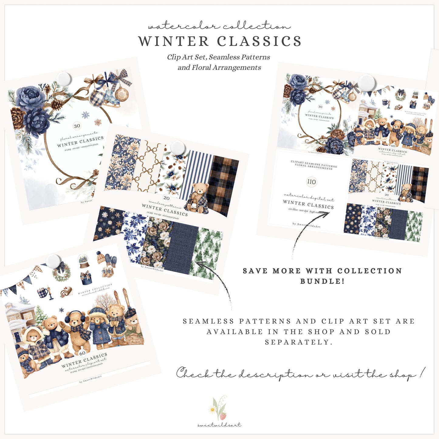 Winter Classics - Floral Arrangements Clipart, Blue Brown Peonies, Snowy Greenery | 30 PNG