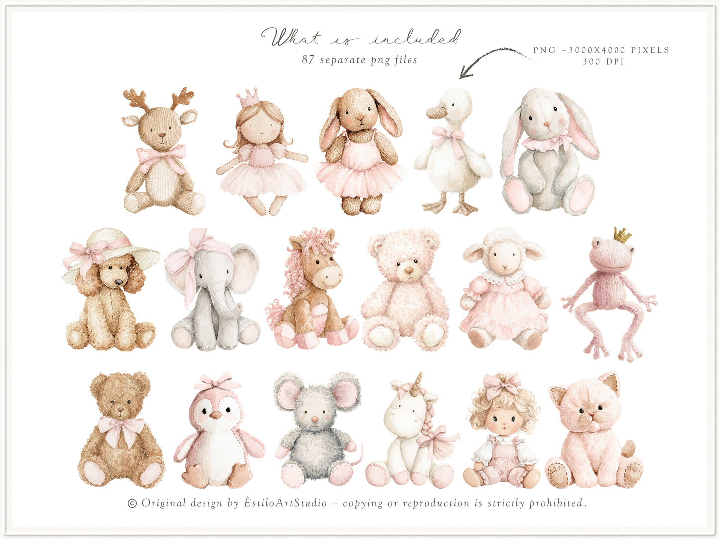 Coquette Atelier - Clipart Set, Soft Pink Baby Girl, Plush Toys, Nursery, Baby Shower | 97 PNG/JPEG