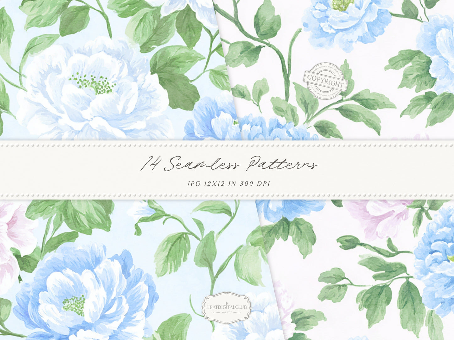 Grandmillennial Set 5 - Seamless Patterns, Pastel Floral, Stripes, Plaid, Pink & Blue Digital Repeating Pattern | 14 JPEG