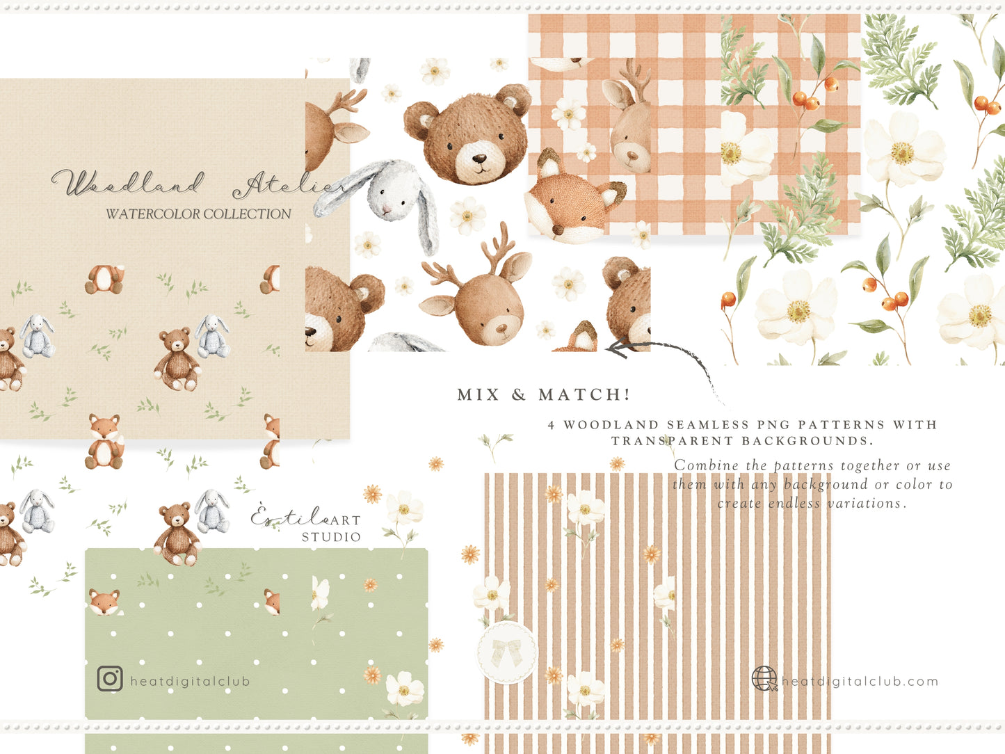 Woodland Atelier - Seamless Patterns, Forest Animals Nursery, Gingham Stripes Plaid, Woodland Fabric Design | 24 JPEG