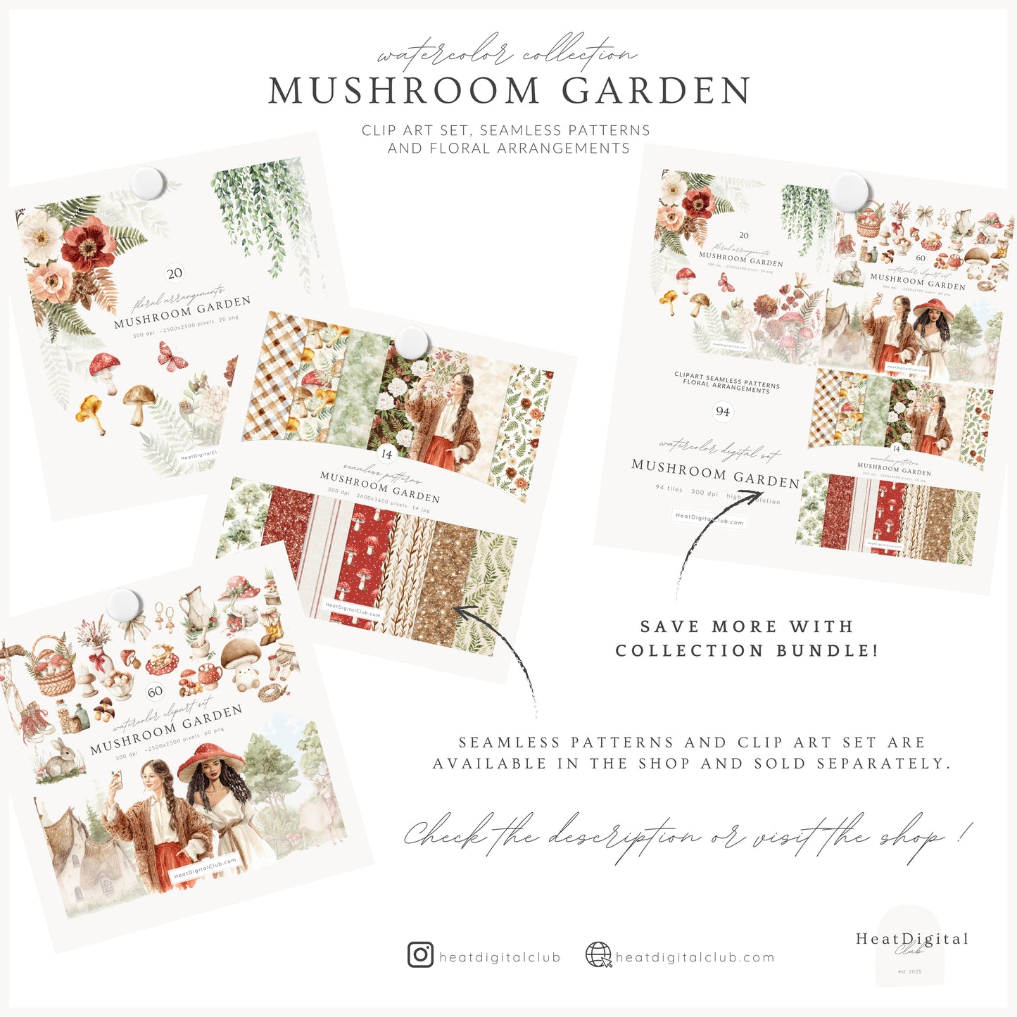 Mushroom Garden - Floral Arrangements, Mushroom Flowers, Forest Botanical Clipart, Cottagecore Florals | 20 PNG