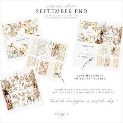 September End - Floral Arrangements Clipart, Dahlias, Sage, Pumpkins | 25 PNG