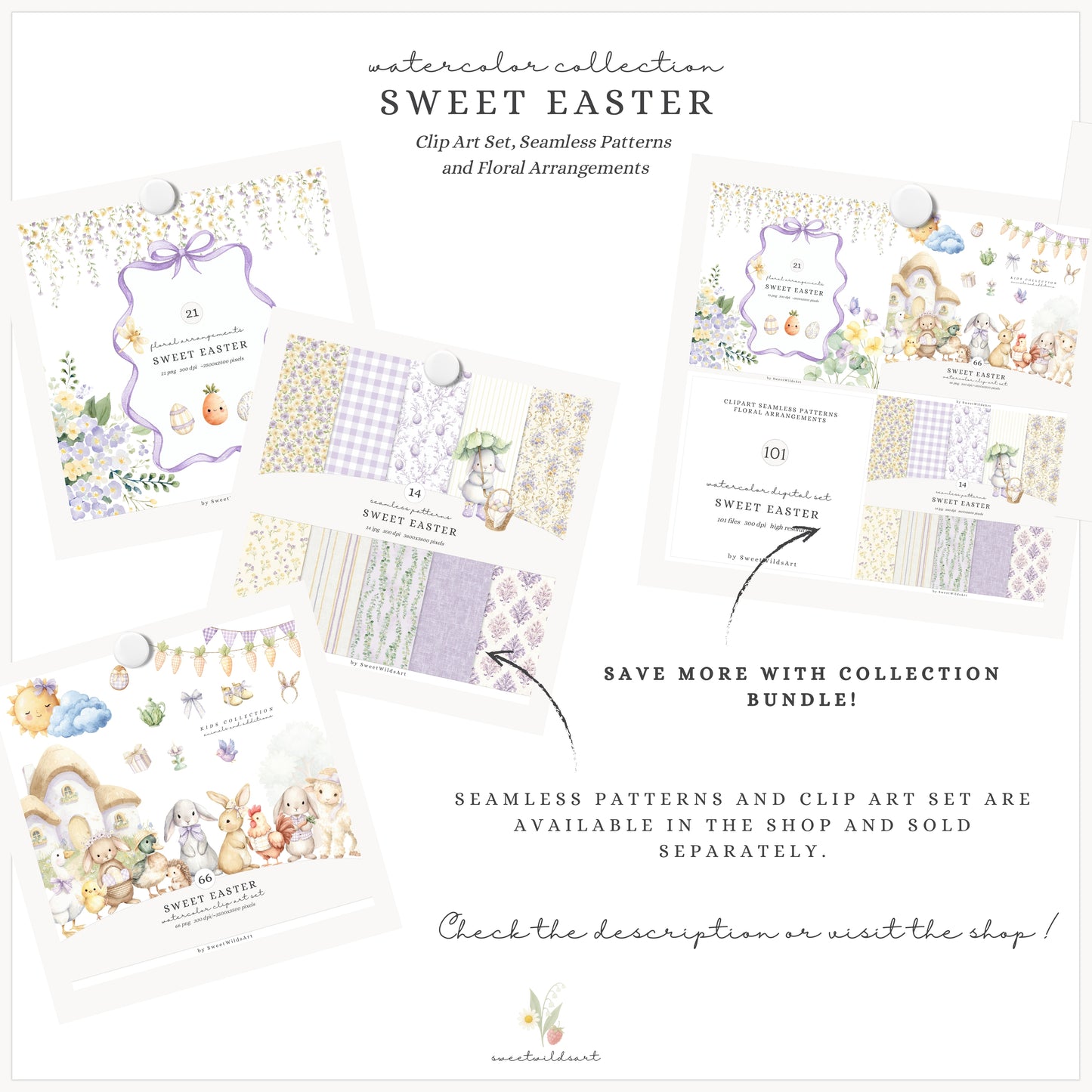 Sweet Easter - Floral Compositions Clipart, Lavender Yellow Blooms, Spring Florals, Cottage | 21 PNG
