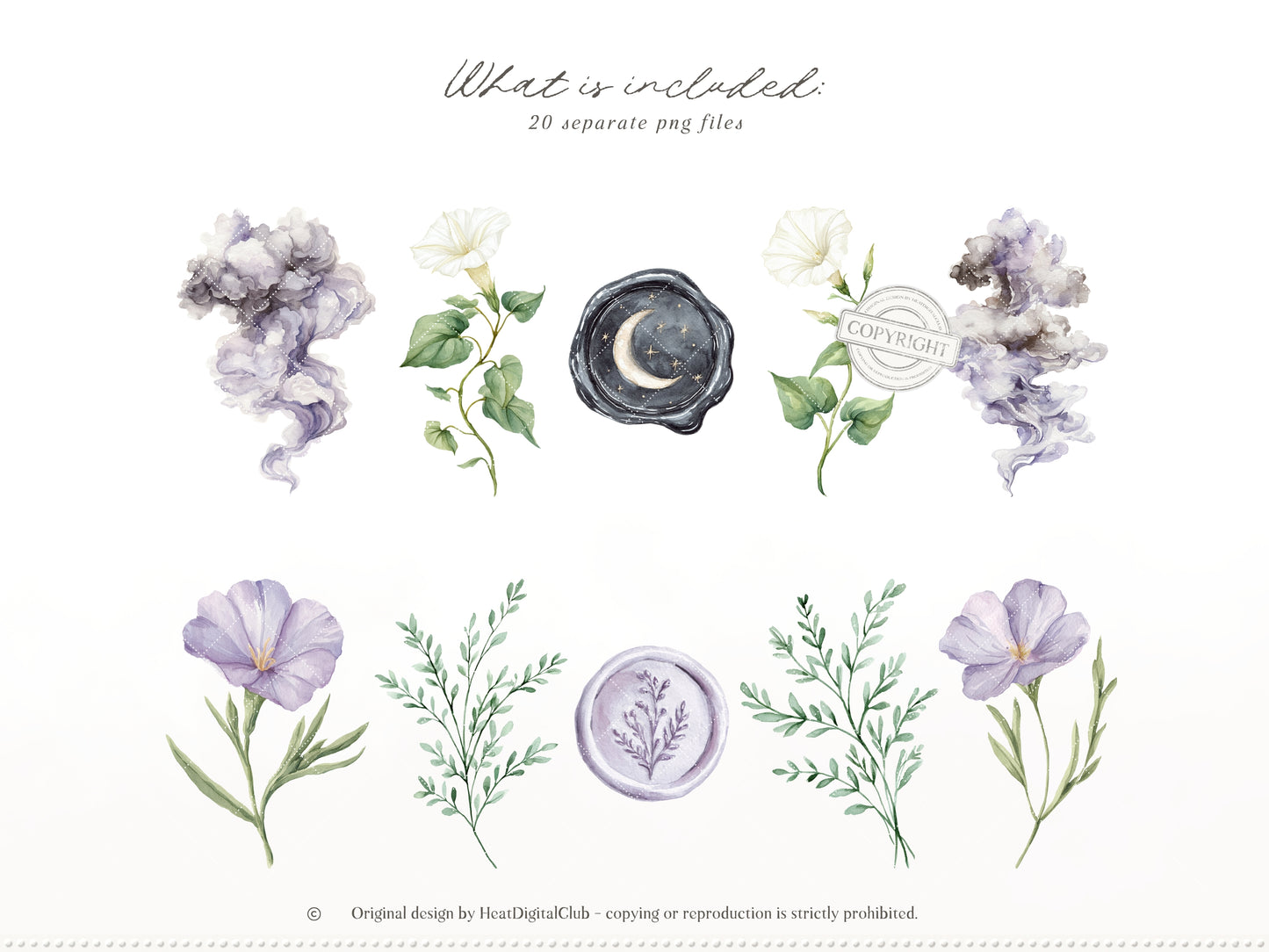 Firefly Garden - Floral Arrangements Clipart, Night Flowers, Lavender Botanical Bouquets, Moonflower | 20 PNG