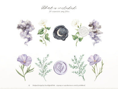 Firefly Garden - Floral Arrangements Clipart, Night Flowers, Lavender Botanical Bouquets, Moonflower | 20 PNG