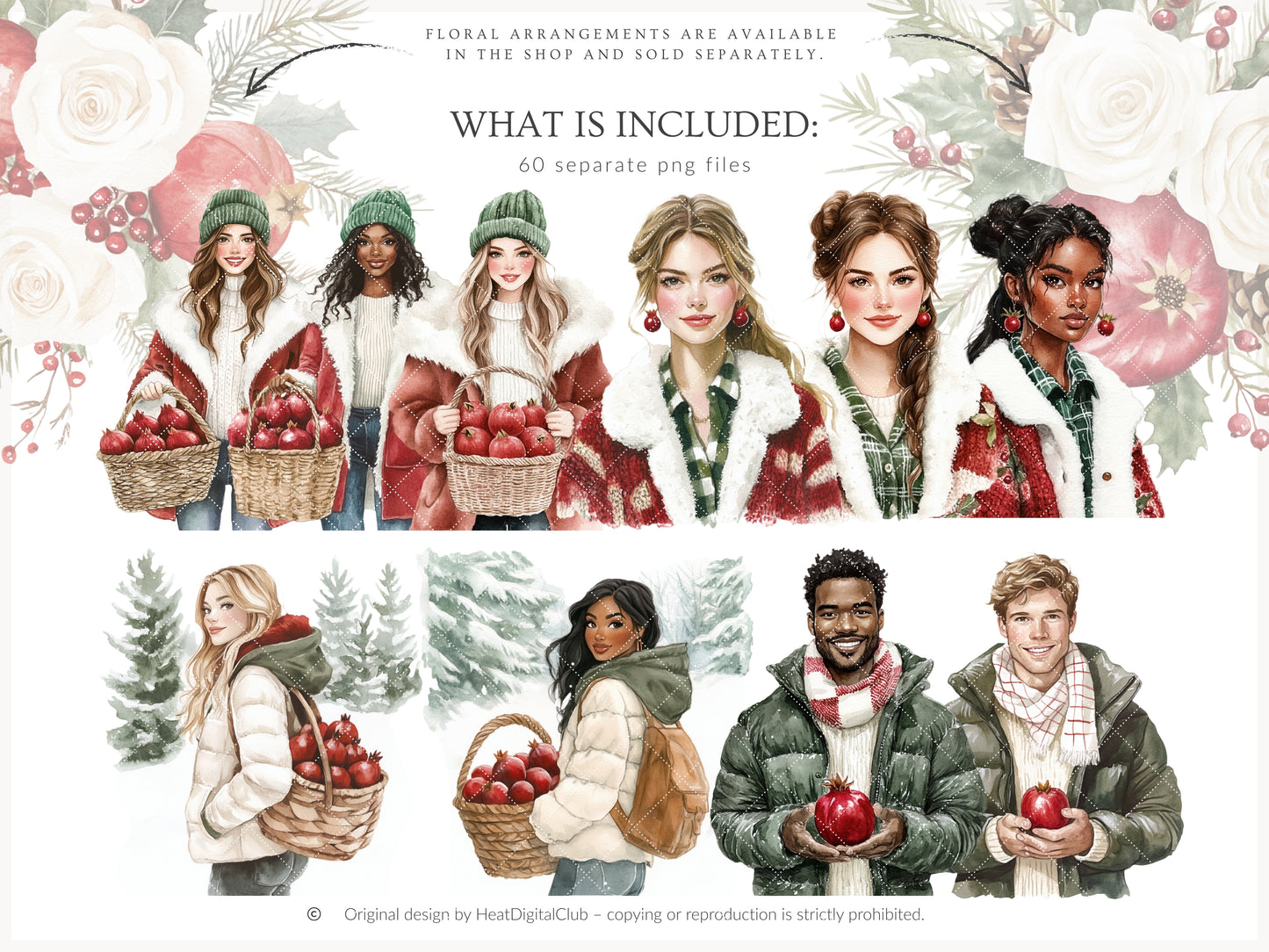 Winter Pomegranate - Clipart Set,  Holiday Fruits, Cozy, Rustic Xmas | 60 PNG