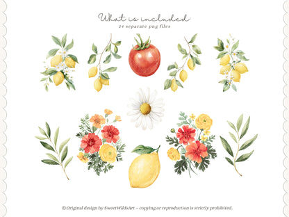 Dolce Classics - Italian Floral Arrangements Clipart, Lemon Flowers, Dolce Vita Florals, Summer Botanical | 24 PNG