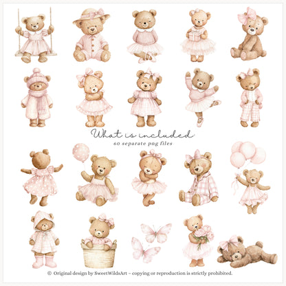 Little Coquettes - Teddy Bear Clipart Set, Pink Nursery, Ballet Bear, Grandmillennial | 60 PNG