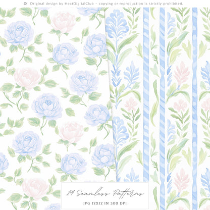 Grandmillennial - Seamless Patterns, Set 3, Pastel Floral, Stripes, Plaid, Glitter | 14 JPEG