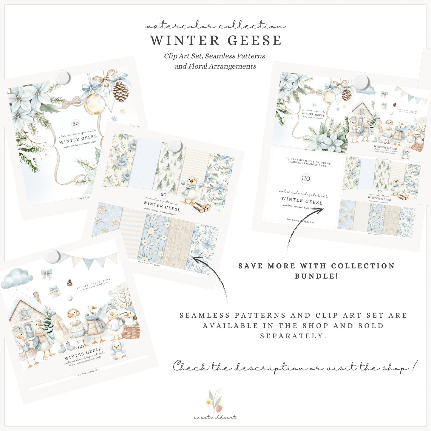 Winter Geese - Winter Floral Arrangements, Poinsettia, Fir Branches, Christmas Ornaments | 30 PNG
