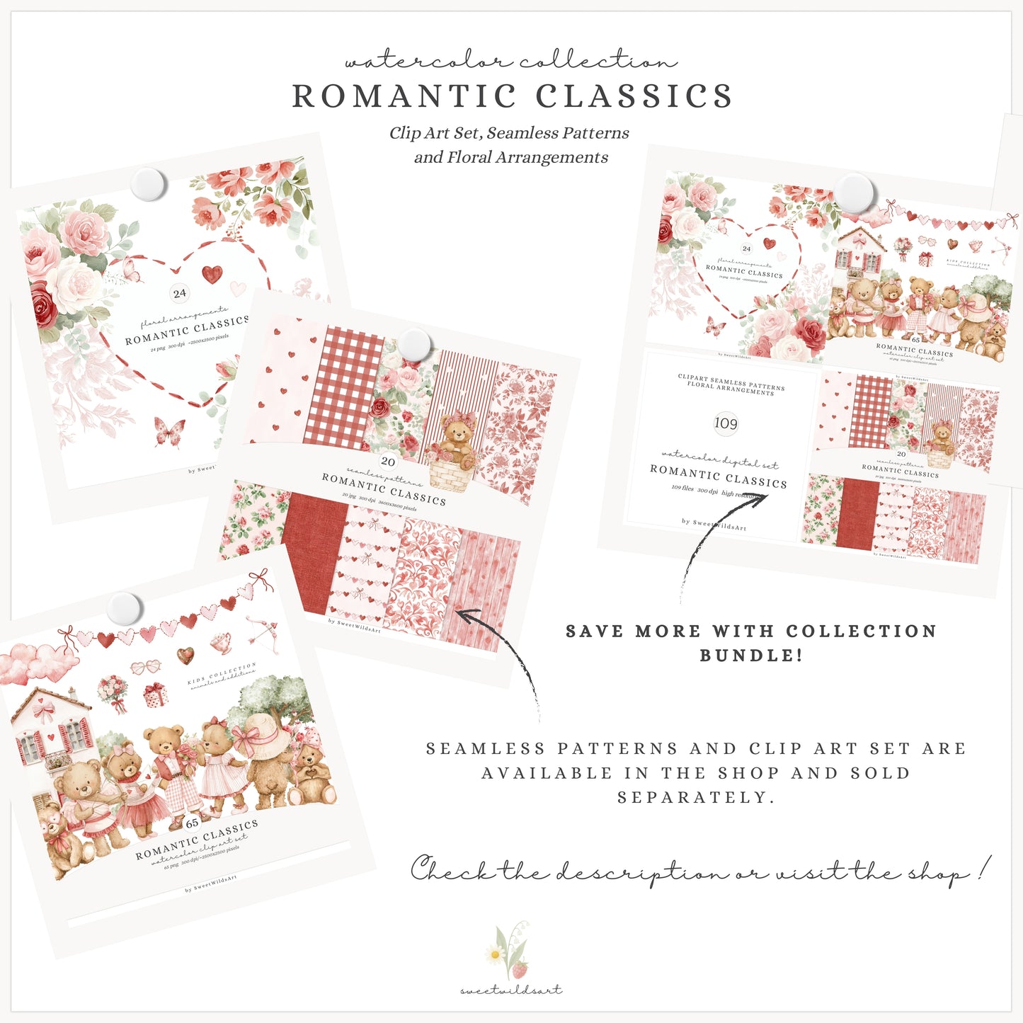 Romantic Classics - Floral Arrangements Clipart, Rose Bouquets, Valentine's Day, Hearts | 24 JPEG