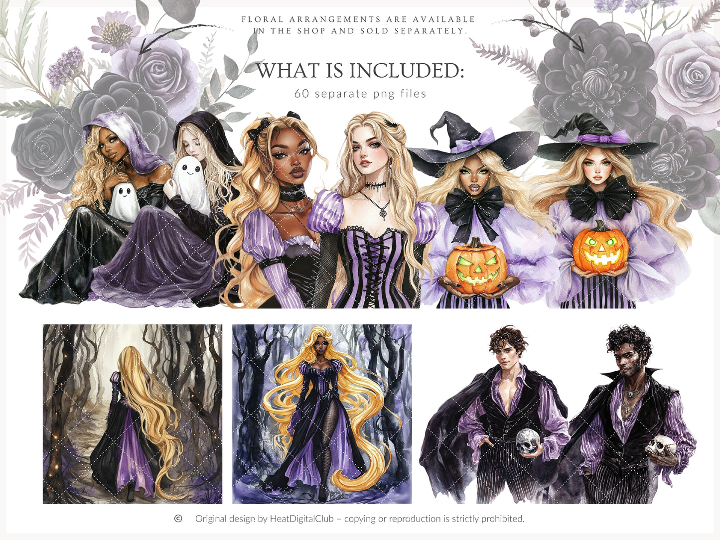 Haunted Rapunzel - Watercolor Clipart Set, Fairytale Gothic Halloween | 60 PNG
