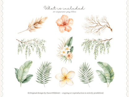 Safari Classics - Floral Arrangements Clipart, Tropical Flowers, Plumeria Hibiscus Leaves, Jungle | 24 PNG
