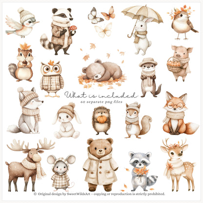 Autumn Woods - Woodland Animals Clipart, Cute Fall Forest Baby | 60 PNG