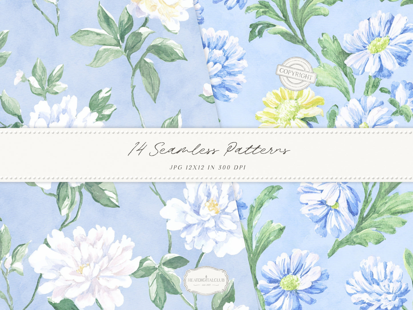 Grandmillennial Set 6 - Seamless Patterns, Italian Lemon Floral, Blue Yellow Tile, Plaid Digital Repeating Pattern | 14 JPEG