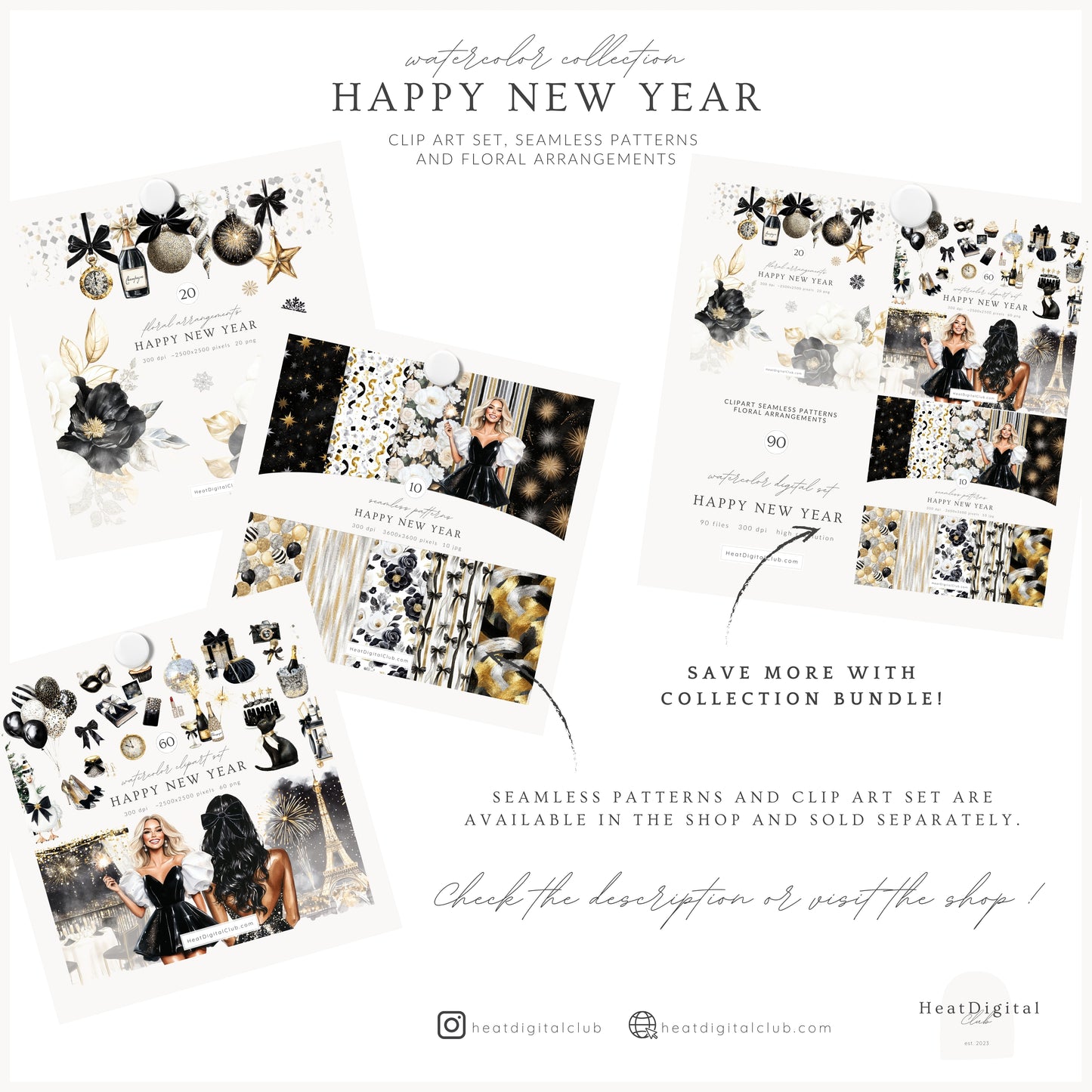 Happy New Year - Floral Arrangements Clipart, Black White Gold, Holiday Bouquet | 20 PNG