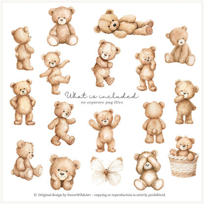 Sweet Classics - Teddy Bear Clipart, Pastel Birthday Bears Toys, Cute Baby Animals, Sweet Nursery | 60 PNG