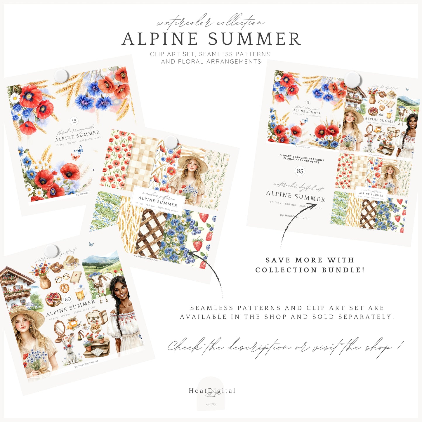 Alpine Summer - Floral Arrangements Clipart, Poppies and Cornflowers | 12 PNG