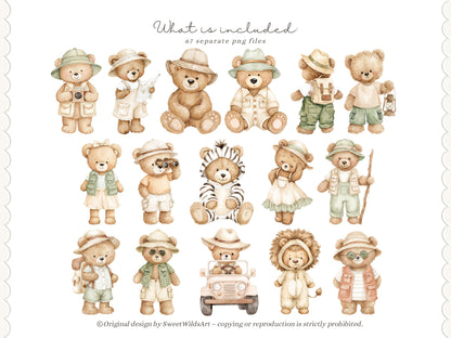 Safari Classics - Teddy Bear Clipart, Cute Jungle Animals, Baby Shower Nursery | 67 PNG