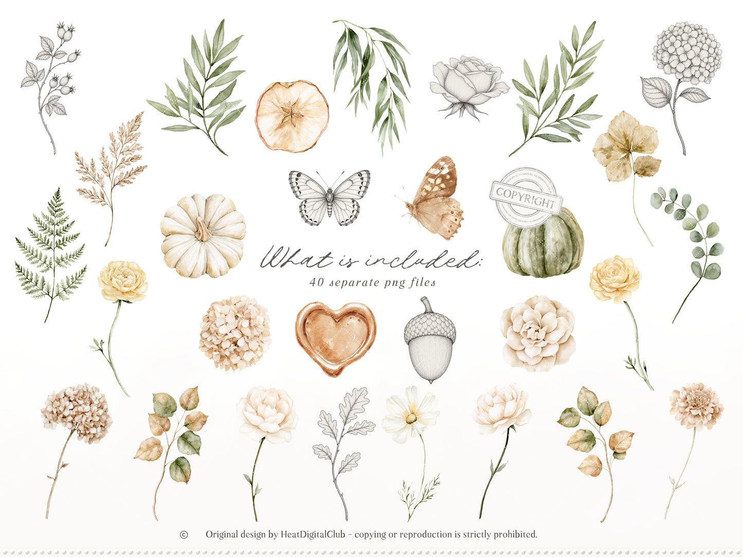 Beloved Fall - Autumn Floral Arrangements Clipart, Pumpkin Flowers, Neutral Fall Flowers, Botanical |