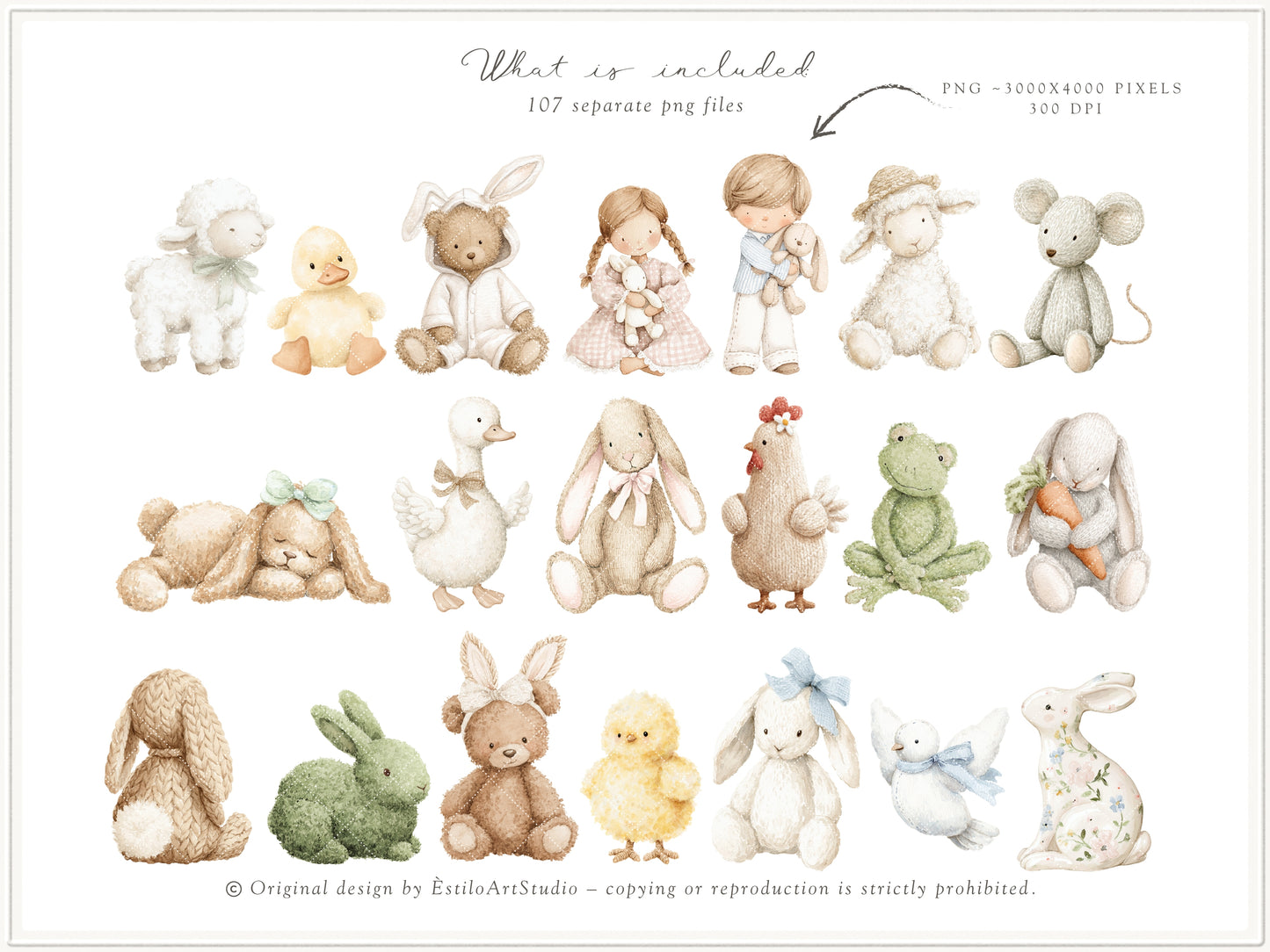 Easter Atelier - Clipart Set, Heirloom Nursery Easter, Plush Bunny Toys, Pastel Eggs | 117 PNG/JPEG
