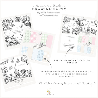 Drawing Party - Floral Line Art, Flowers Clipart, Black and White Peony | 14 PNG