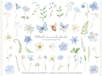 Sweet Wilds - Flowers Clipart, Meadow Flowers, Light Blue Floral, Wildflower Baby Shower | 70 PNG/JPEG