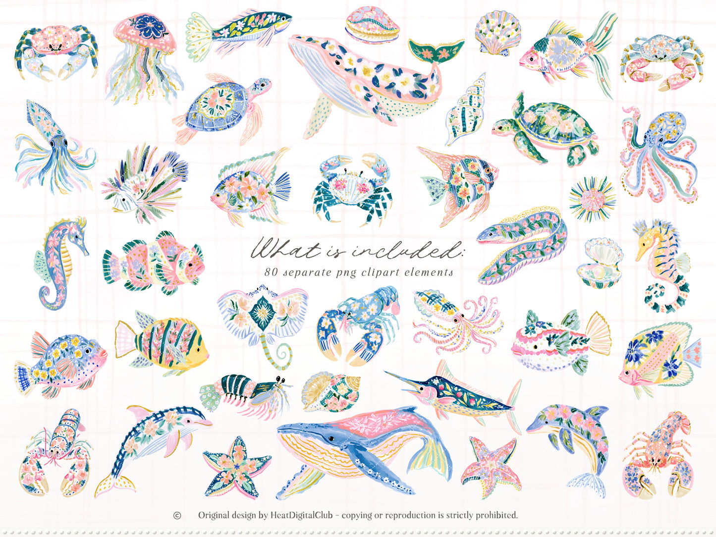 The Preppy Sea - Watercolor Clipart Bundle, Tropical Reef, Sea Creatures, Summer Beach | 143 PNG/JPEG