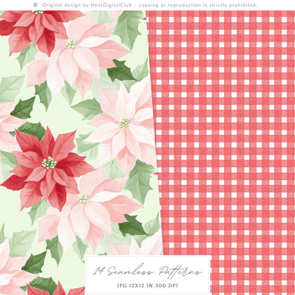 Merry Christmas - Seamless Patterns Set 1, Grandmillennial Holiday, Stripes, Plaid | 14 JPEG