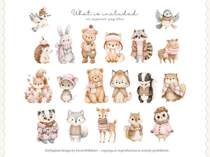 Gentle October - Watercolor Fall Animals Clipart Bundle, Kids Woodland PNG Collection | 60 PNG