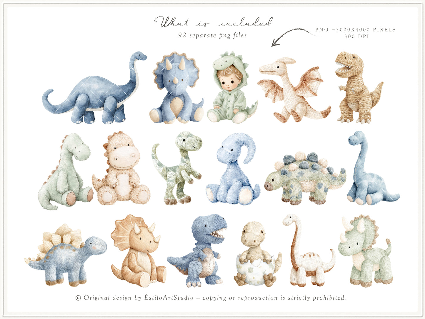 Dino Atelier - Clipart, Baby Dinosaurs, Plush Toys Animals, Prehistoric Baby Shower, Nursery | 102 PNG/JPEG