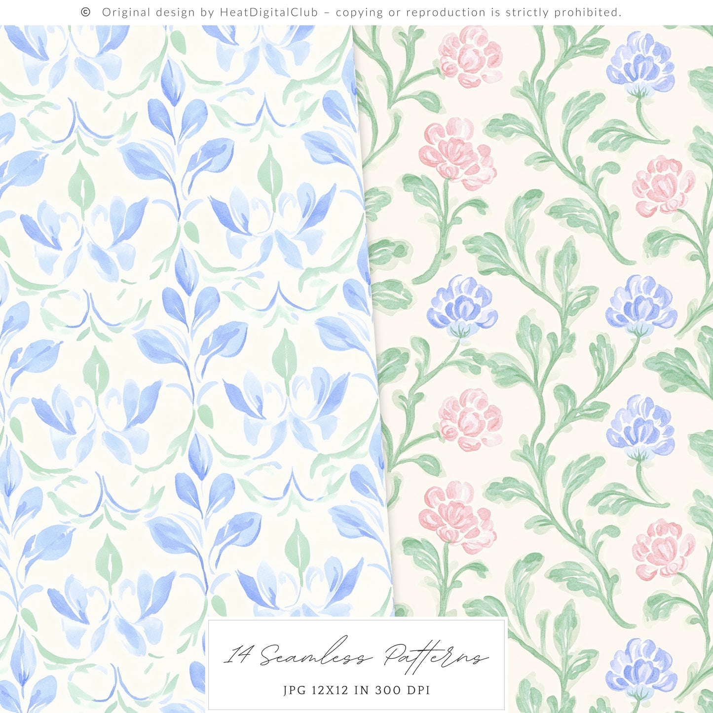 Grandmillennial - Seamless Patterns, Set 4, Pastel Floral, Stripes, Plaid, Glitter | 14 JPEG