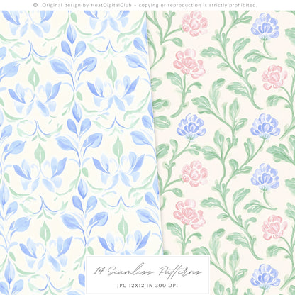 Grandmillennial - Seamless Patterns, Set 4, Pastel Floral, Stripes, Plaid, Glitter | 14 JPEG